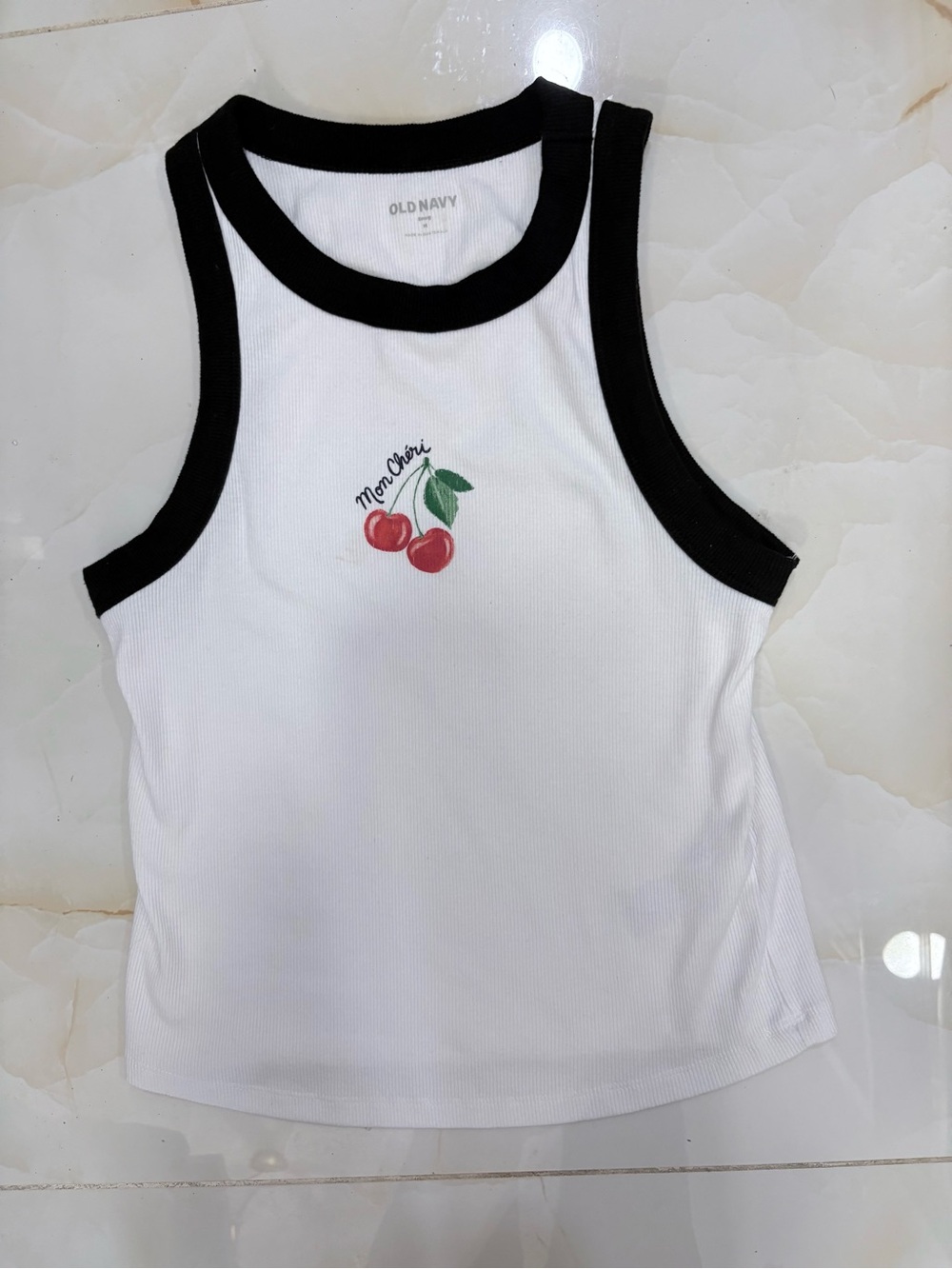 Old Navy White Tank Top with Black Trim and Cherry Motif Junior Girl Size M
